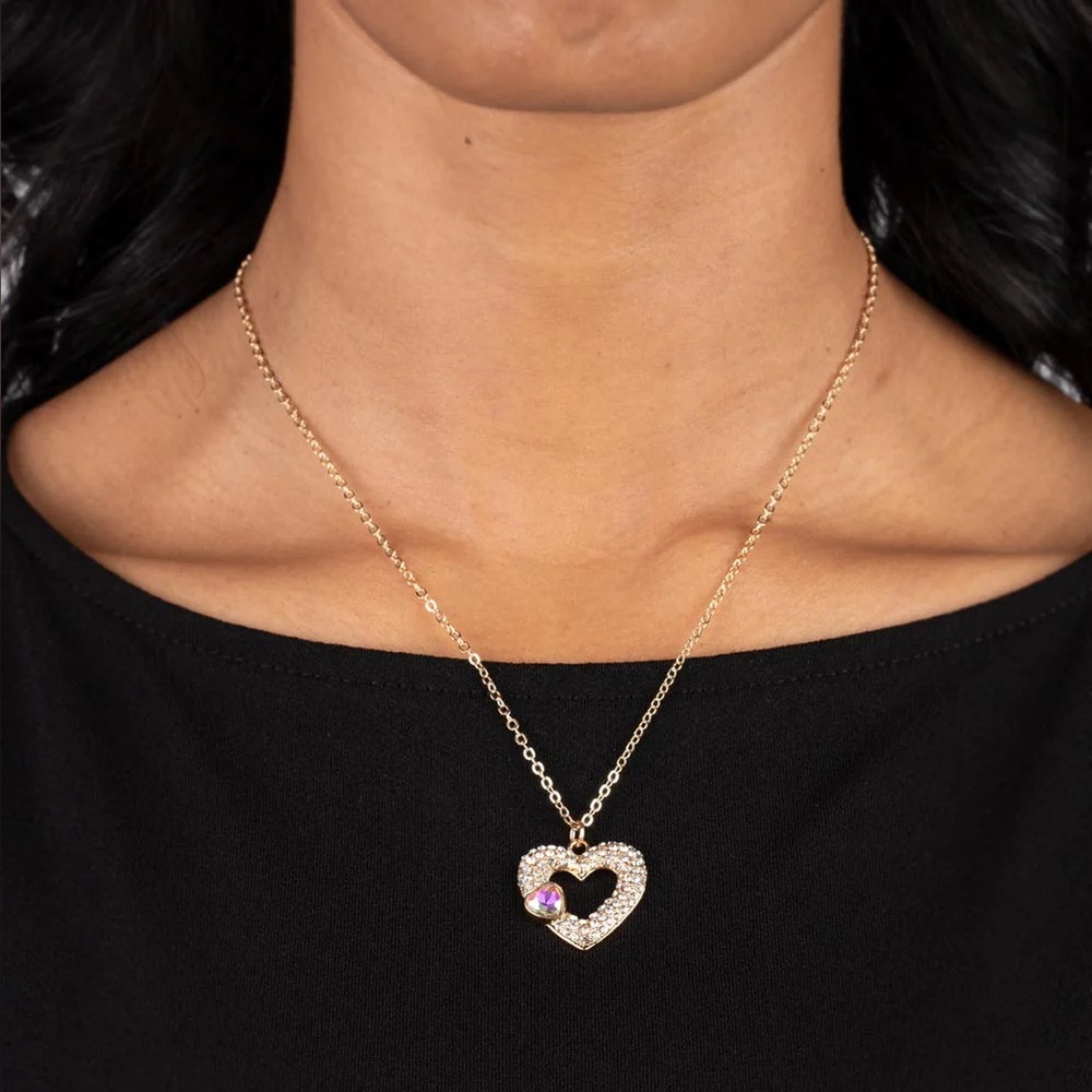 NEW Iridescent & Silver Diamond Rhinestone Gold Heart Necklace Fashion Jewelry